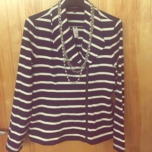 Talbots Navy Cream stripe asymmetric jacket L NWT
