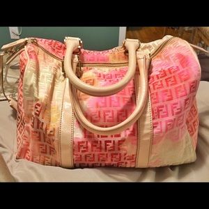 Pink and beige leather fendi monogram bowler bag
