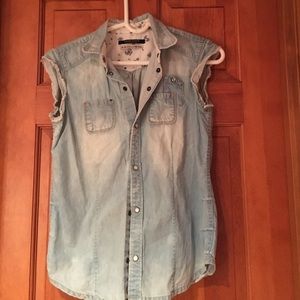 Distressed jean cut off shirt