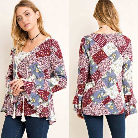 ‼️SALE‼️Printed Quilt Ruffled Sleeve Top - Picture 2 of 5