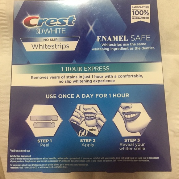 Crest white strips.3D white. No slip 1hour express