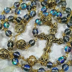 Blue Rainbow Quartz Antique gold Artisan Rosary