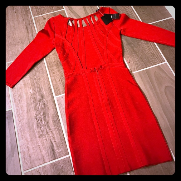 Bebe Long Sleeve Bandage Dress- open back