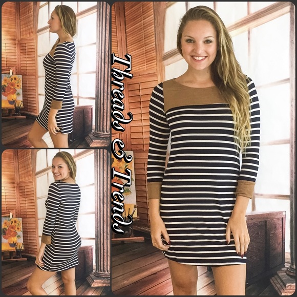 LAST ONE‼️Navy & White Striped Faux Suede Dress - Picture 5 of 7