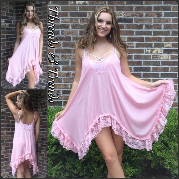 LAST ONE‼️Pink Lace Trim Swing Slip Dress Tunic - Picture 2 of 4