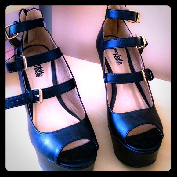 Black Buckle Peep Toe Heels.