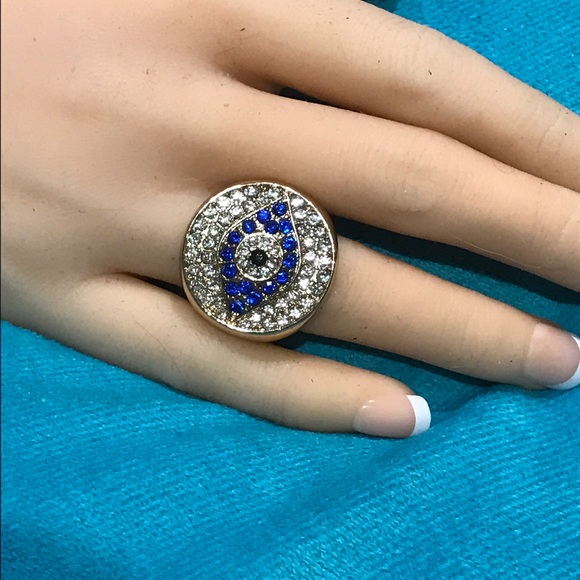 Crystal Evil Eye Ring..gold tone...7