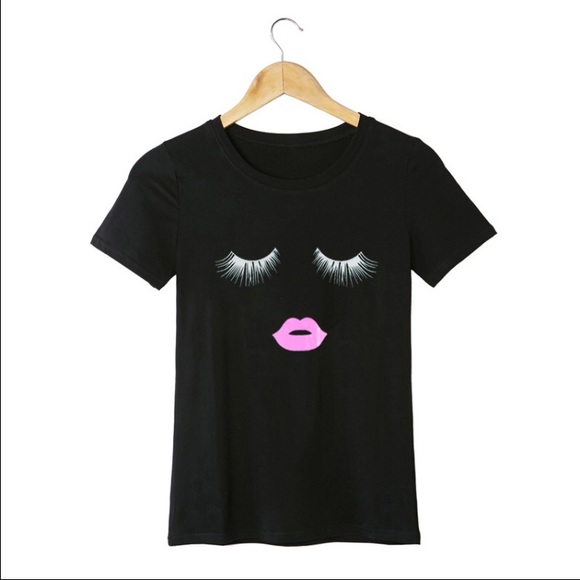 Graphic Tshirt Eyelash Lip Top Black Print Tee - Picture 2 of 3