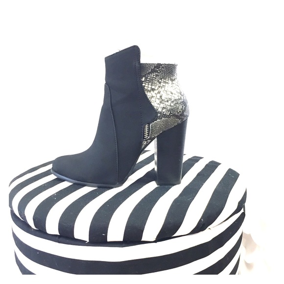 Black and snake heeled bootie