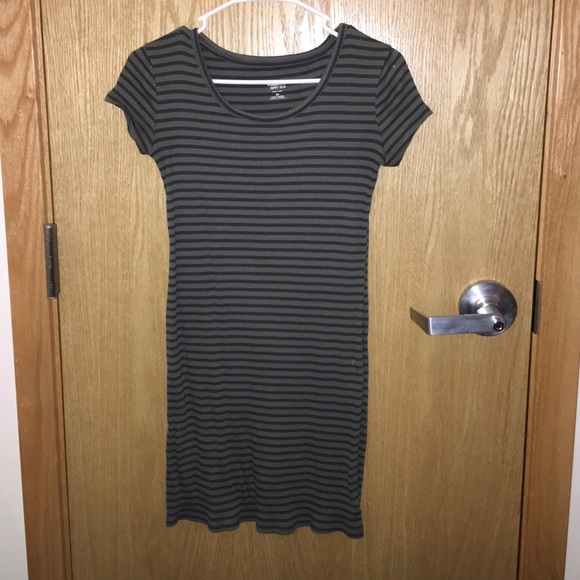 Green dress with dark gray stripes