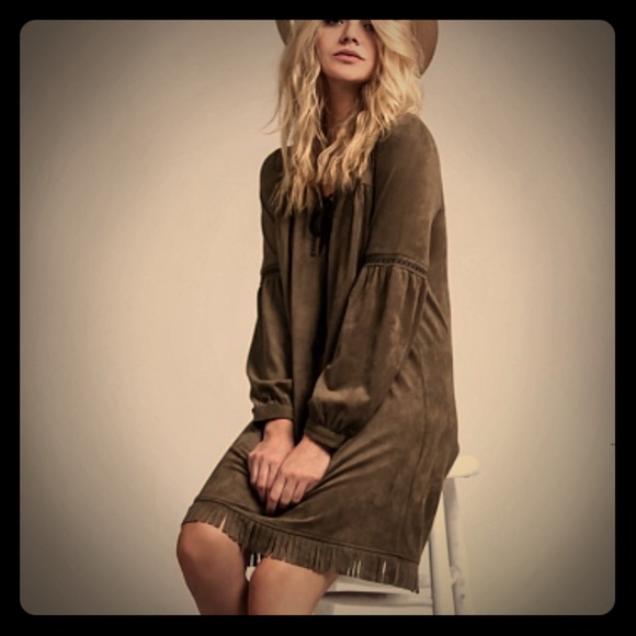 The Adorable Adrian Lace Up Olive Suede dress! - Picture 2 of 6
