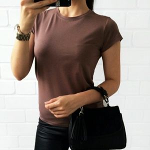 Crew Neck Basic Short Sleeve Tee - Mocha