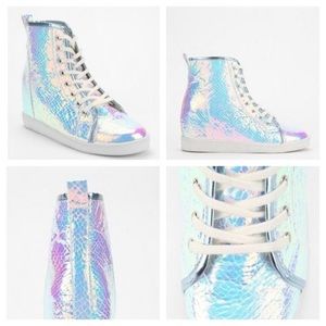 Deena & Ozzy holographic wedge sneakers photos