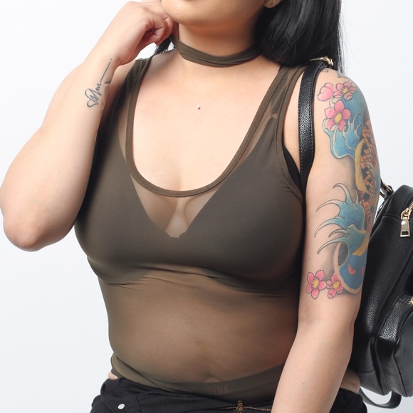 Tops - Sheer Olive Bodysuit