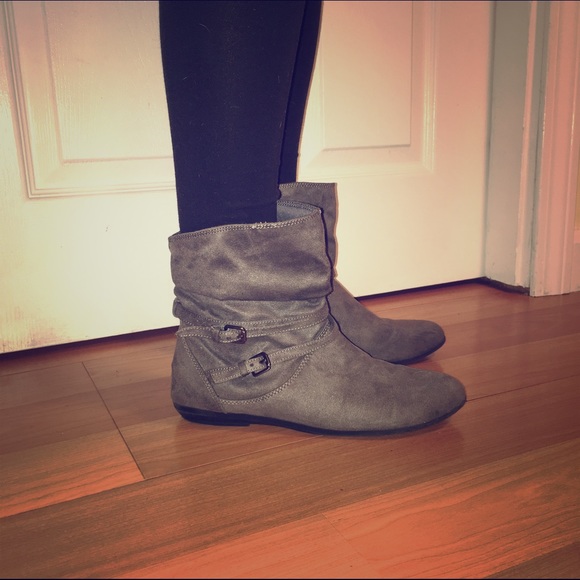Grey Faux Suede Buckle Boot