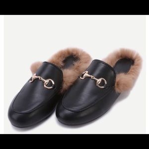 Black Faux Leather Fur Lined Slides