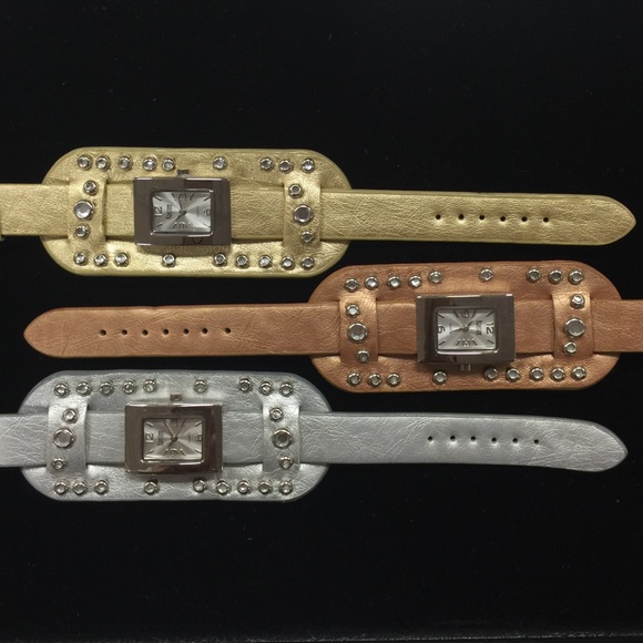 NEW 3 Leather Rhinestone Cuff Bracelet Watch Lot