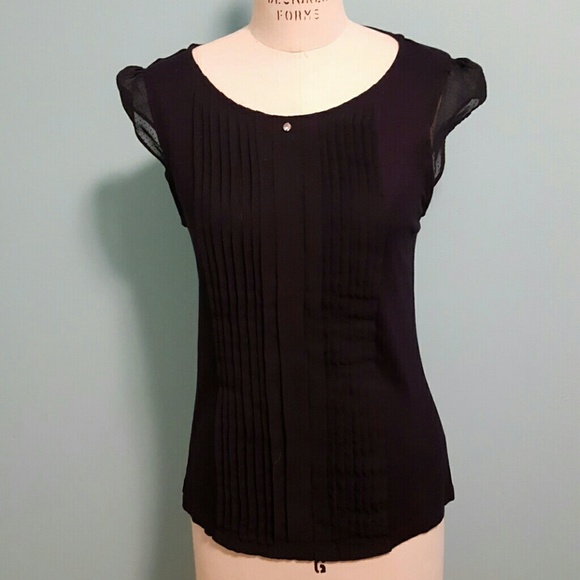 H&M Navy Blue Top with Ruffled Sheer Sleeves
