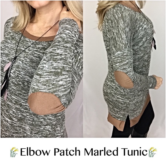 French Terry Elbow Patch Olive Marled Tunic Sold - Picture 2 of 4