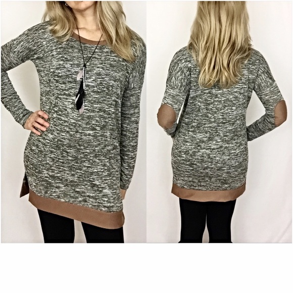 French Terry Elbow Patch Olive Marled Tunic Sold - Picture 3 of 4