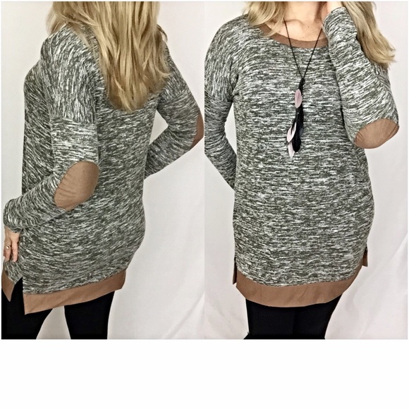 French Terry Elbow Patch Olive Marled Tunic Sold - Picture 4 of 4