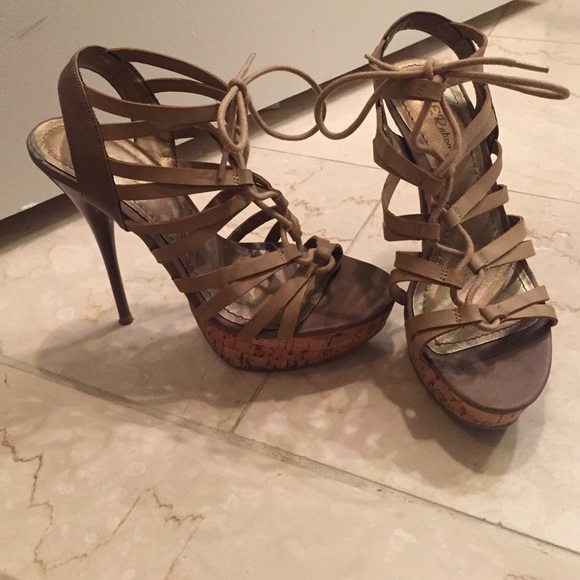 Tan high-heeled cork platform sandals