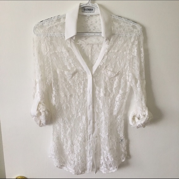 Express Portofino Lace Flower Top White XS