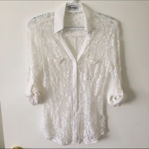 Express Portofino Lace Flower Top White XS