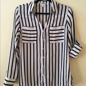 Express silky, button-up shirt.