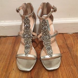 BETSEY JOHNSON EMBELLISHED METALLIC T-STRAP HEELS