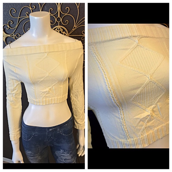 Cream ivory S off shoulder crop top long textured