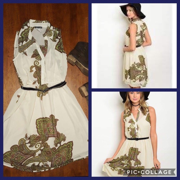 LAST ONE Spring Ivory & Olive Green T shirt Dress - Picture 3 of 4