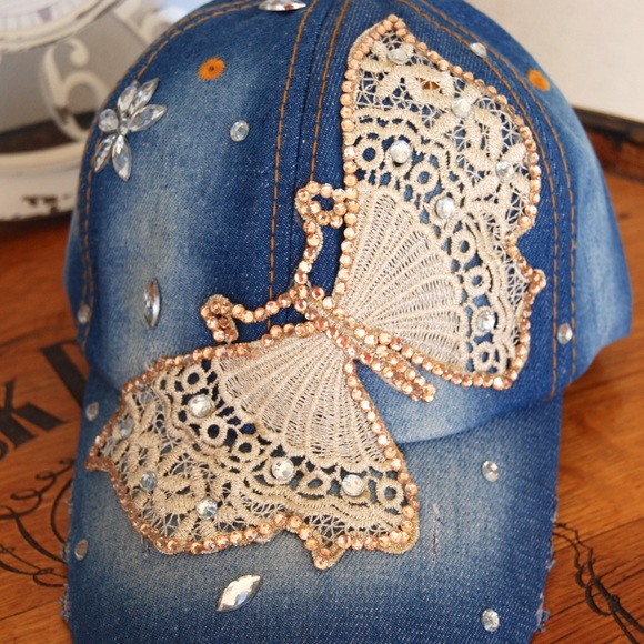 Stunning Embroidered Rhinestone Butterfly Cap - Picture 2 of 2