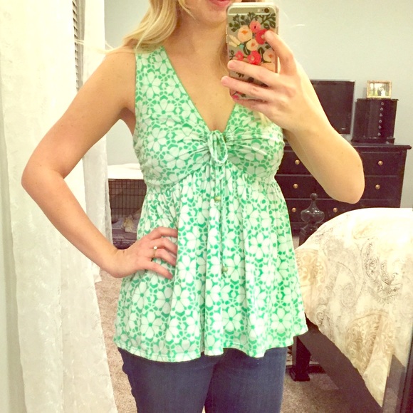 Anthropologie Green & White Floral Tank by Ric Rac
