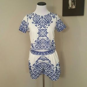 Blue and White Porcelain Crop Top and Shorts Set