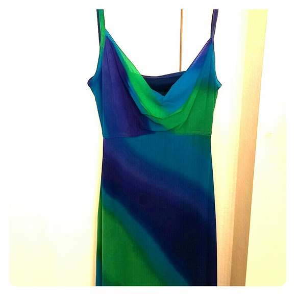 Blue, aqua, and green dress