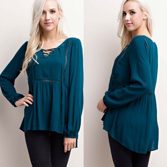 ‼️LAST ONE-Small‼️Lace-Up Crochet Trimmed Blouse - Picture 2 of 4