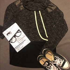 Faux Leather Shoulder Pad Duo-Tone Cowel Sweater