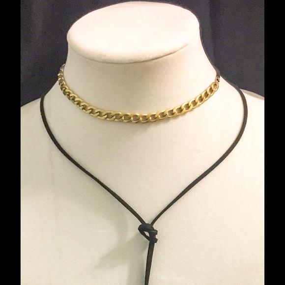 Gold Tone + Black Suede Necklace w/Gold Feathers - Picture 2 of 4