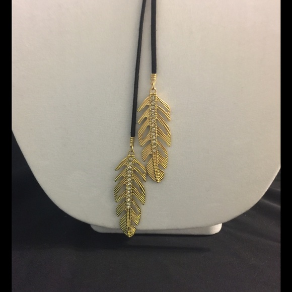 Gold Tone + Black Suede Necklace w/Gold Feathers - Picture 3 of 4