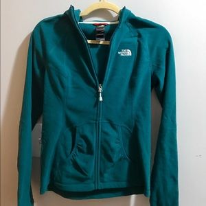 North Face teal zip up hooded fleece jacket