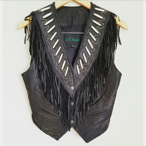Vintage  Jackets & Blazers - Vintage Black Leather Embellished Fringe Vest