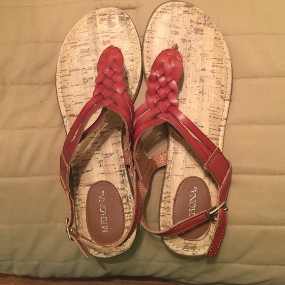 Brown-maroon Merona sandles.