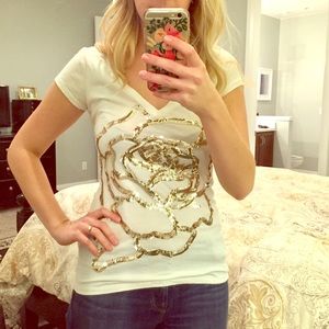 Express Cream V Neck T Shirt with Gold Sequins