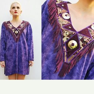 80's Purple Tie Dye Tunic with Fringe Neck