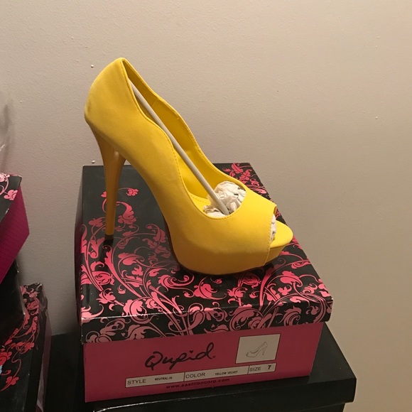 Qupid Yellow Velvet Neutral-35 Open Toe Heel