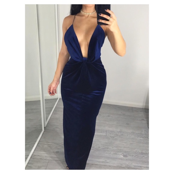 Navy blue velvet evening gown