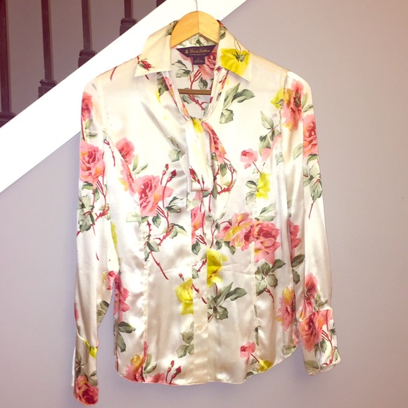 Floral silk satin bow tie button down blouse