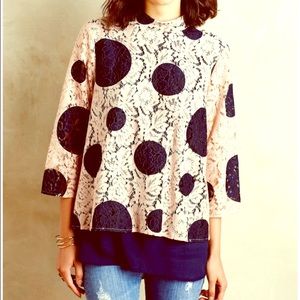 Anthropologie -lace polka dot high low silk blouse