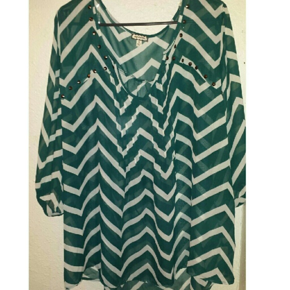 Teal Striped Mid Sleeve Plus Size Blouse